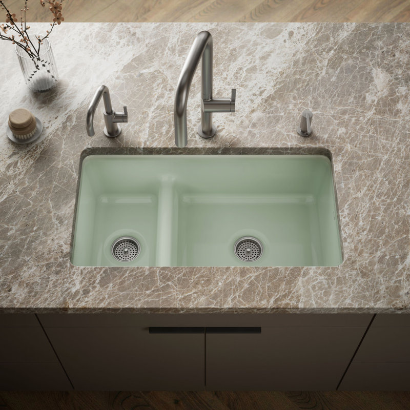 Iron Tones 33" L x 18.75" W Large/Medium Double-Bowl Kitchen Sink, Aspen Green
