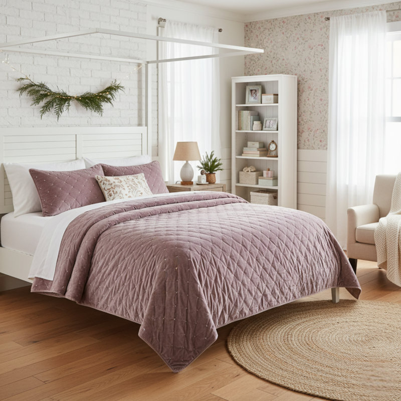 Ensemble de courtepointe Velvety Dreams, Courtepointe grand + 2 couvre-oreillers standard, Mauve