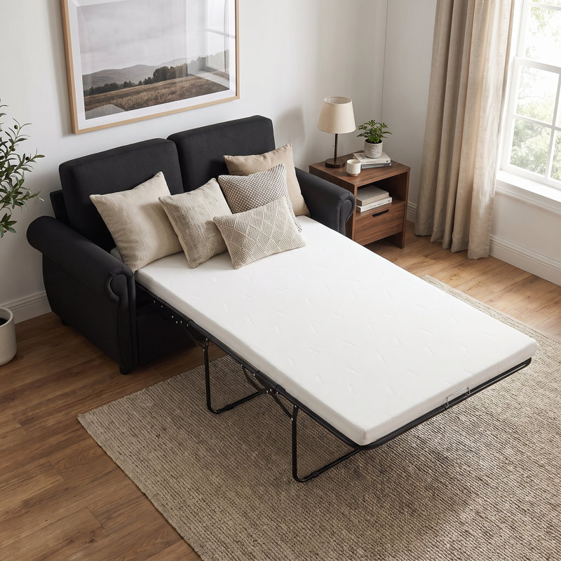 Canapé-lit de 57,9 po avec causeuse escamotable avec matelas en mousse à mémoire de forme simple, 2 ports de chargement USB, structure en acier robuste, design compact pour salon, appartement, dortoir, bureau