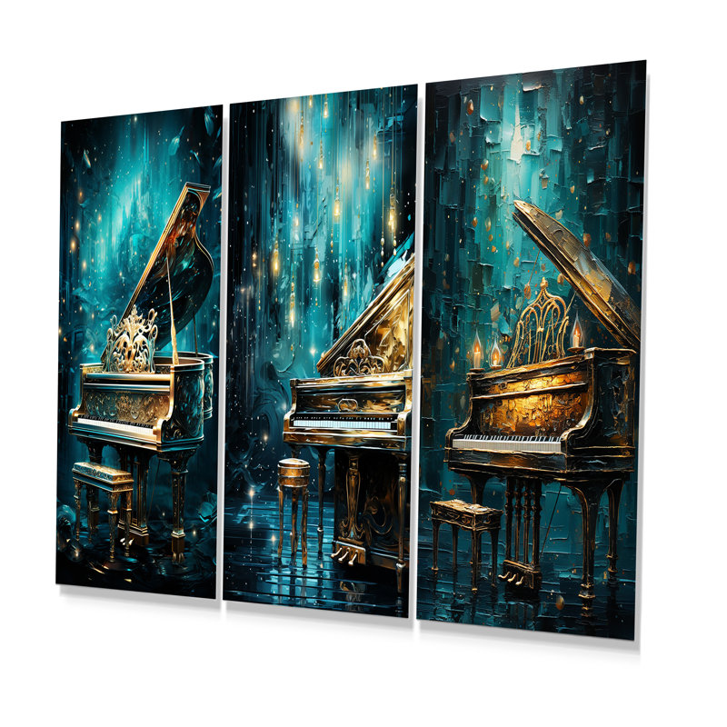 Blue Piano, sonate surréelle - ensemble de 3 reproductions en métal, H 32 po x l 48 po