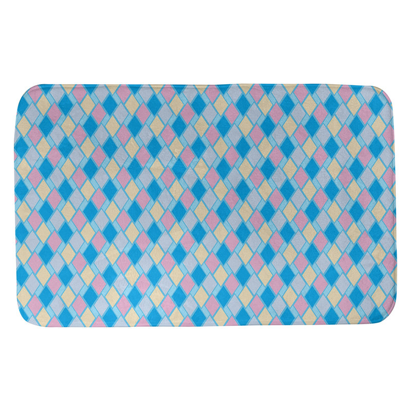Tapis pour salle de bain rétro diamants Leffel, l 21 po x L 34 po, Bleu / bois clair
