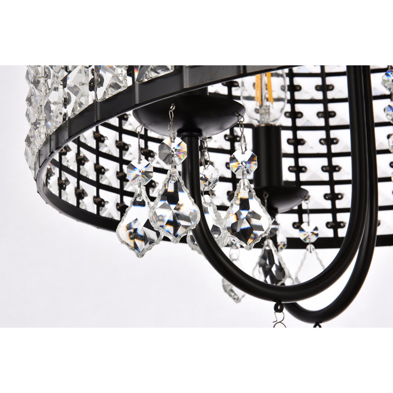 Lustre cylindrique unique à 4 lumières avec accents de cristal Armenio, H 15 po x l 17 po x P 17 po, Noir/transparent, Noir