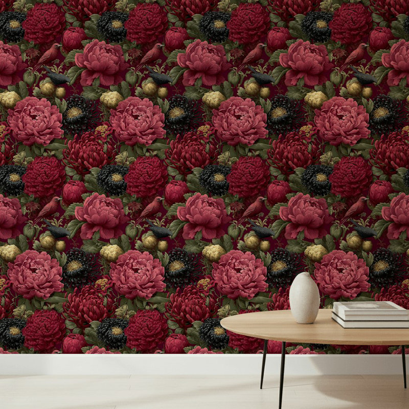 Papier peint floral rétro avec oiseaux