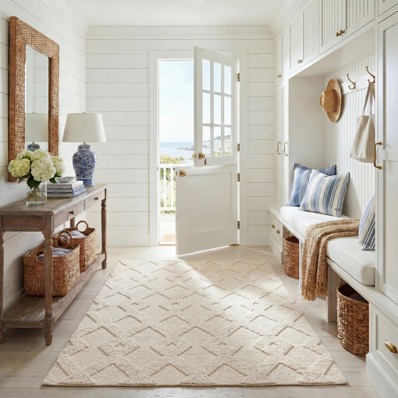 Highland Natural Fiber Hand Woven Jute/Cotton Geometric Rug in Ivory, Rectangle 5' x 8'