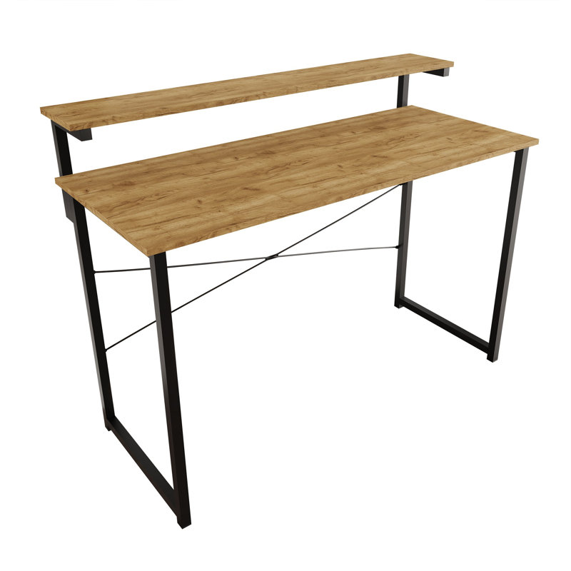 Bureau d'écriture en métal avec tablette, H 35,63 po x l 47,24 po x P 19,68 po, Chêne clair