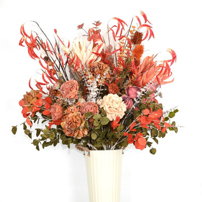 44" Artificial Peony Floral Arrangement In Metal Pot, Blossom Cluster Foliage Leaves Fall Sprays Potted Faux Flowers For Dining Table Centerpieces Indoor Decoration