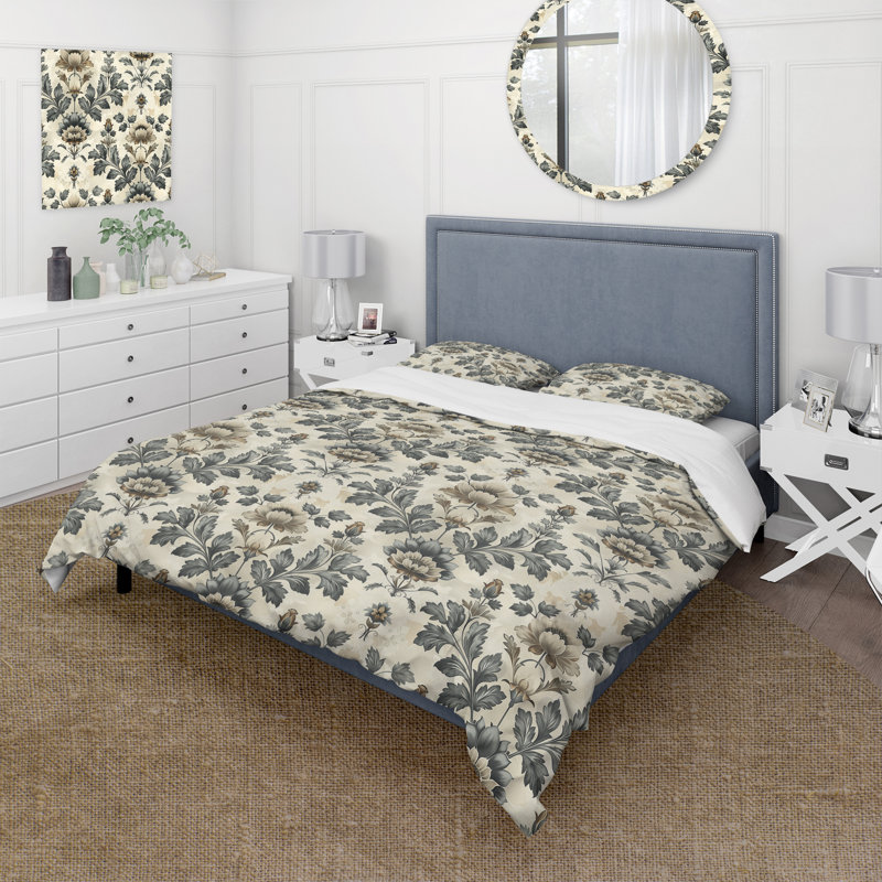 Ensemble de housse de couette Grey Floral Wreath II - Traditional, Housse de couette simple et deux taies décorative