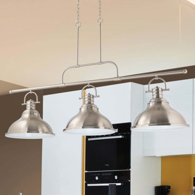  Luminaire suspendu à 3 lumières pour îlot de cuisine linéaire en nickel brossé avec bols en forme de cloche de 15,75 po de largeur