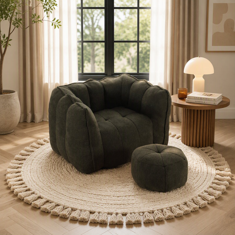 Fauteuil à billes Soft avec repose-pieds, Vert olive