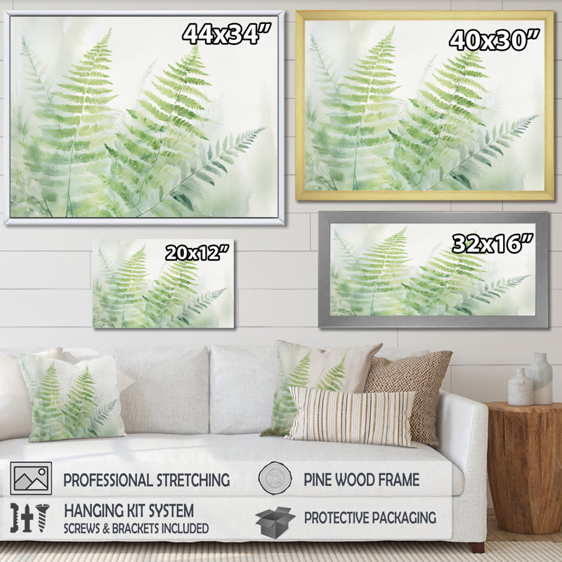 Fougères vertes vertes et blanches IV sur toile, H 16 po x l 32 po x P 1 po, Toile tendue