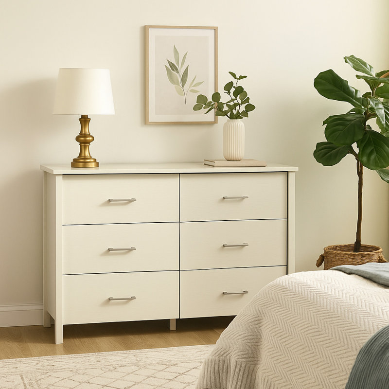 Commode large Kele, 6 tiroirs avec poignées argentées, stratifié blanc, Blanc