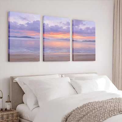 Ensemble de 3 tableaux sur toile représentant un coucher de soleil sur la plage, parfaits pour la décoration du salon, de la chambre ou de la maison.