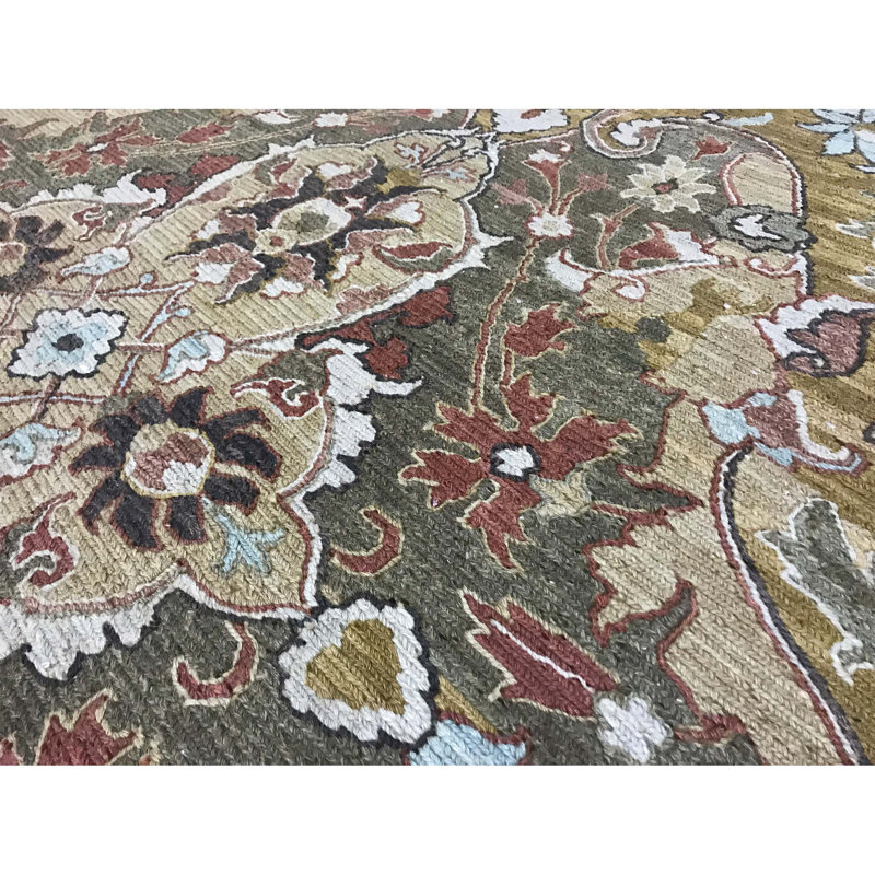 Tapis vert et beige noué à la main de haute qualité