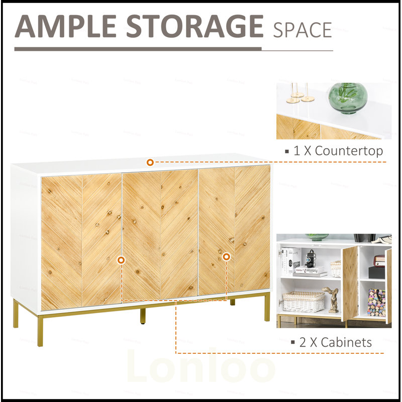 3 Door Sideboard Buffet Cabinet with Chevron Pattern, Adjustable Shelf, and Metal Legs for Modern Storage Solutions