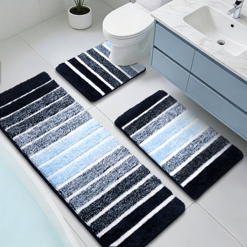 3 Piece Absorbent Non-Slip Bath Rug Set Bathroom Mats, Dark Blue