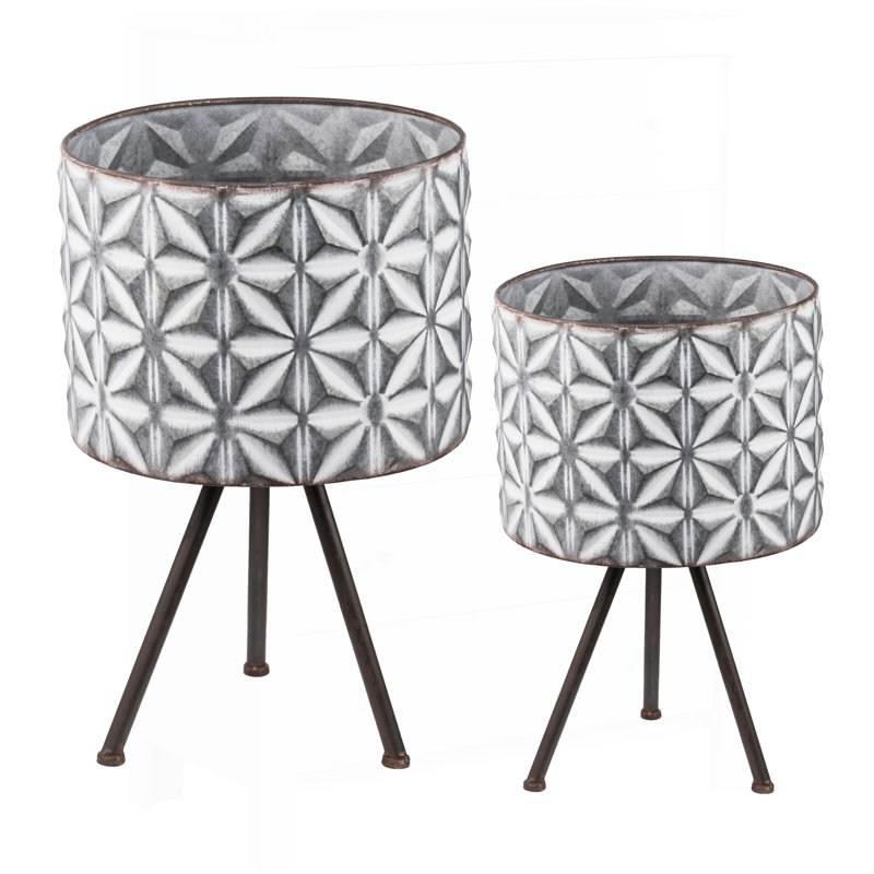 Set of 2 Metal Planter Stand, Round Galvanized Grey Farmhouse Burges for Outdoor and Indoor Use