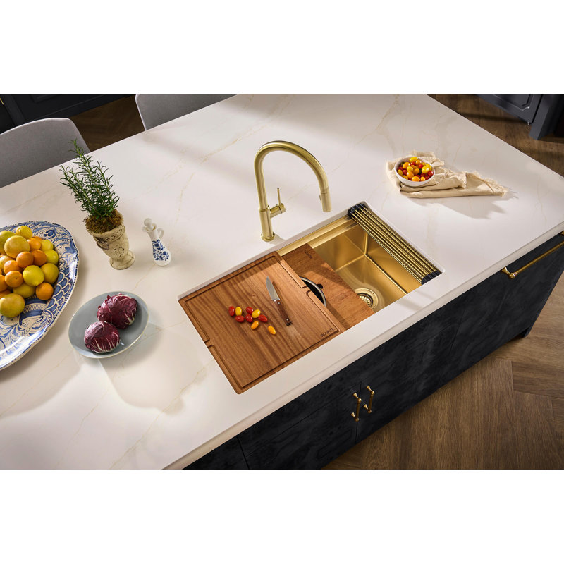 Ruvati 20 x 14 inch Semi-Recessed Drop-in Topmount Rectangular Bathroom Sink, Matte Gold