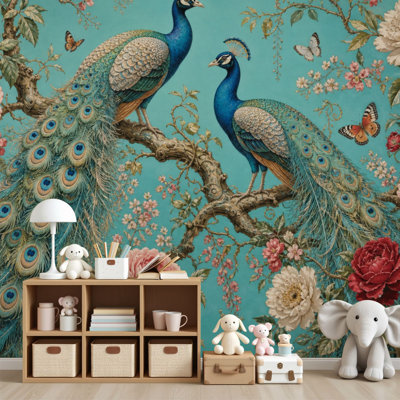 Papier peint auto-adhésif à motif floral paon H 69 po x l 96 po à motif de branches de paon à motif floral rétro pour chambre à coucher