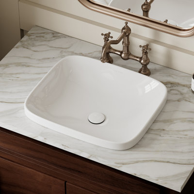 Los Flexi Semi Recessed Vessel Sink, Rectangular Ceramic Drop In Bathroom Sink with Pop-up Drain