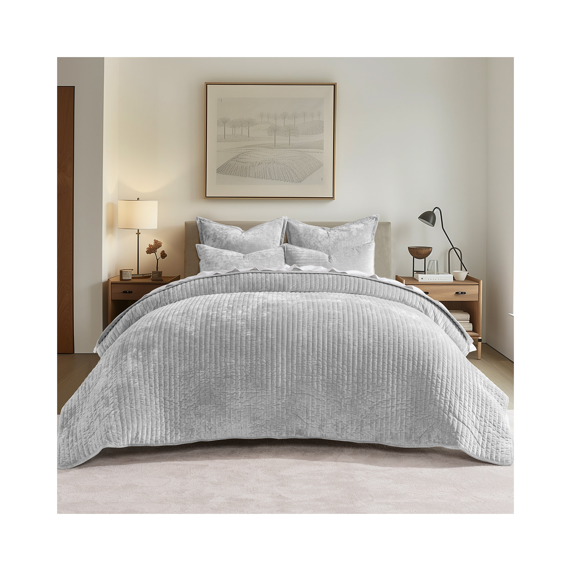 Luxe Velvet Channel Quilt Set, Frost Gray, Queen