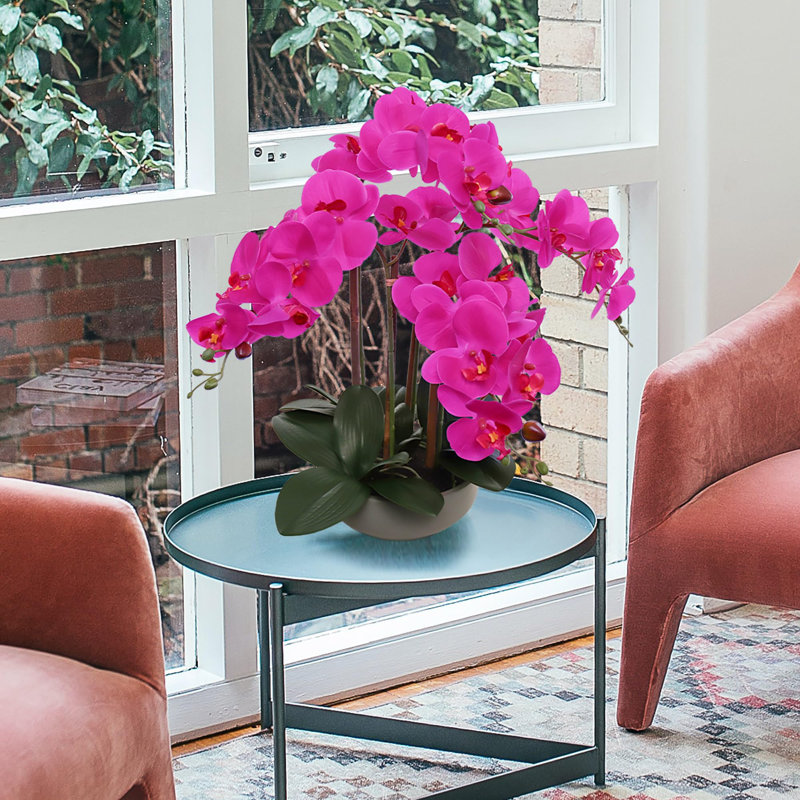 Ensemble de 3 orchidées phalaenopsis fuchsia de 20 po | Arrangements floraux artificiels dans des pots ronds gris - Décor moderne de plusieurs pièces