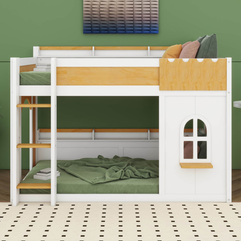 Lit superposé simple au-dessus de simple avec tablettes de rangement, fenêtre et deux portes, pour enfants, adolescents, adultes