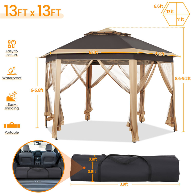 13 Ft. W x 11 Ft. D  Slolar Powered Metal Patio Gazebo with Sidewalls, Brown/Khaki