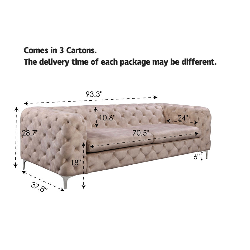 Ghaleb 237Cm Velvet Square Arms Sofa, Off White Polyester Blend, Silver