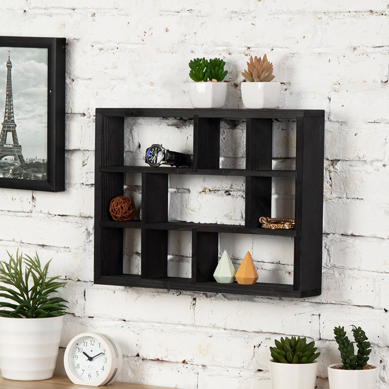 Rashid 9 Piece Pine Floating Shelf, Black