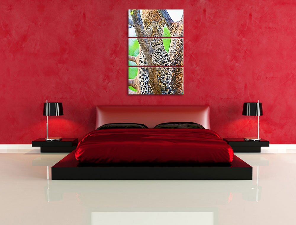 3-tlg. Leinwandbilder-Set „Maiestätischer Leopard auf Baum“, Grafikdruck