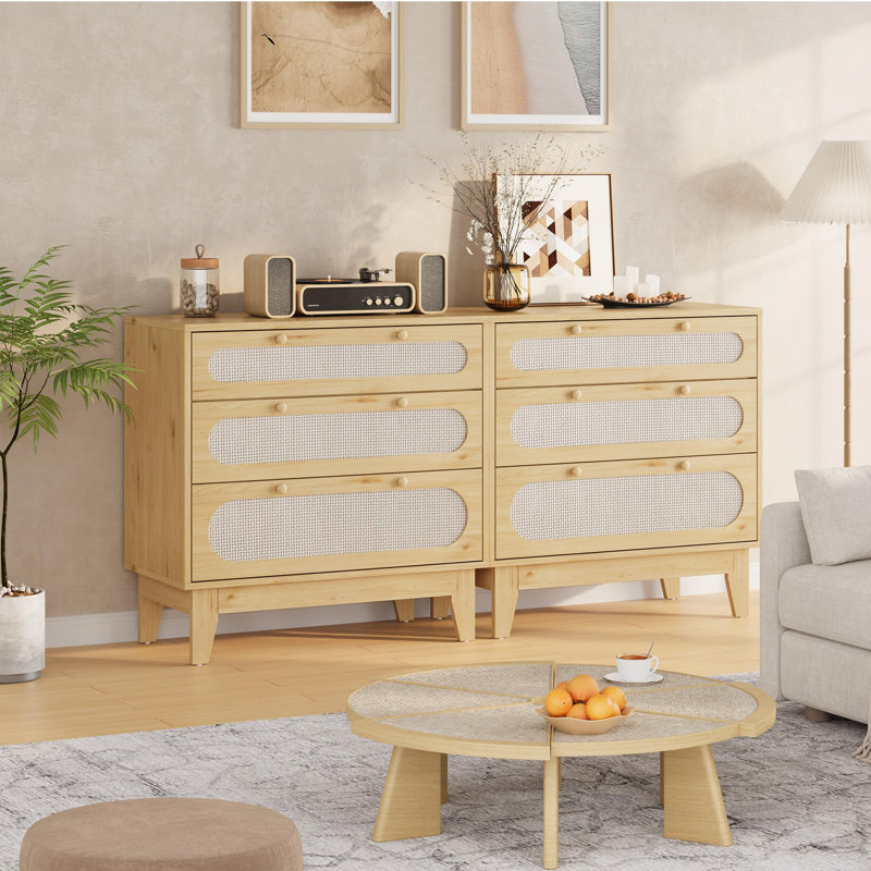 Boho Farmhouse Rattan 3-Drawer Dresser with Tapered Wood Legs | Wide Accent Chest 31.5x15.7x31.2" for Bedroom, Living Room & Entryway