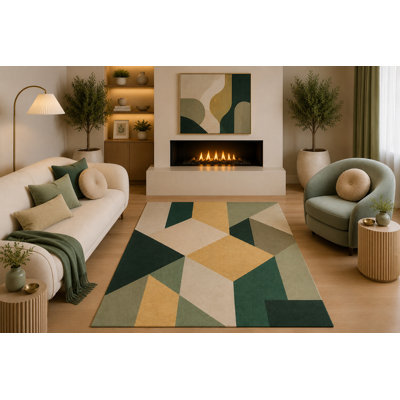 Tapis de style moderne Mid-Century 5 pi x 7 pi avec motif géométrique abstrait beige et moutarde beige pour salon, salle à manger, bureau, envers en silicone antidérapant