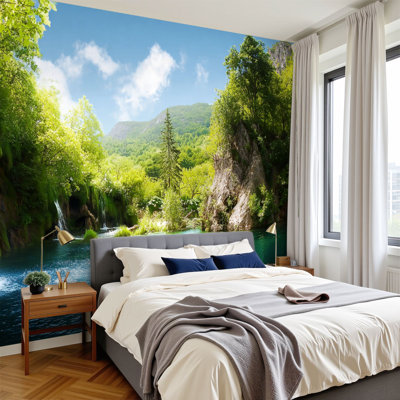 Peel and Stick Wallpaper 96" L x 69" W Modern Self Adhesive Wall Mural for Bedroom waterfall deep forest