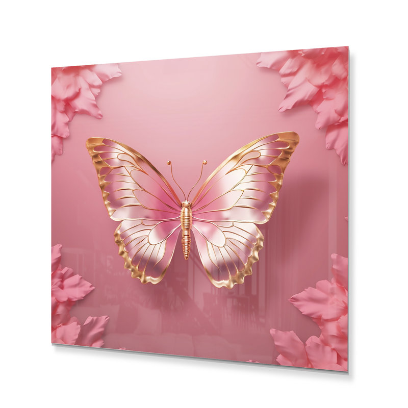 Papillon rose et doré II - reproduction d'animaux sur métal, H 16 po x l 16 po x P 1 po