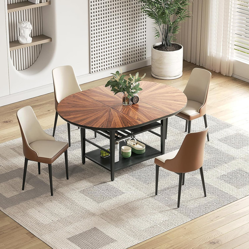 Extendable 47"–63" Round Dining Table Set with Storage Shelf, Walnut Solid Wood Top & Metal Base, Includes 4 Upholstered Chairs