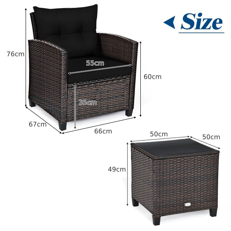 Wicker 2 - Person Garden Lounge Set with Cushions, Black