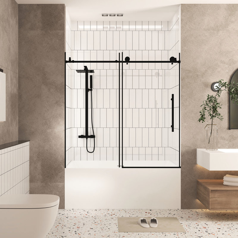 Shower Door, 56 - 60" W X H, 1/4"  6 Mm  Clear Tempered Glass, Proof Film, Smooth Sailing Sliding, Stainless Steel Handle, Matte Black, Conscious For Bathroom Gliding, First