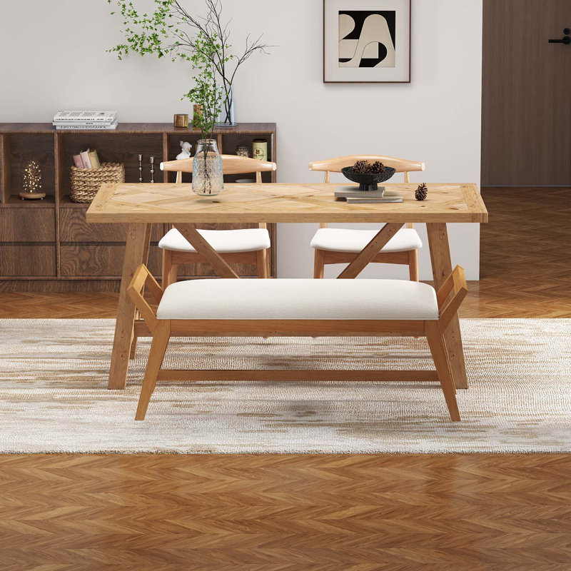4-Piece Rectangular Rustic Solid Pine Dining Set With Upholstered Chairs And Bench, Farmhouse Kitchen Table Set, Fit For 4 People