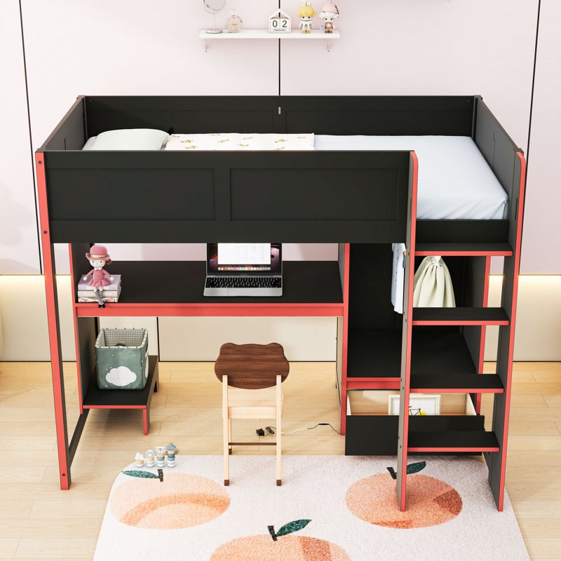 Lit mezzanine multifonctionnel avec bureau, garde-robe, tiroir et éclairage DEL, Simple