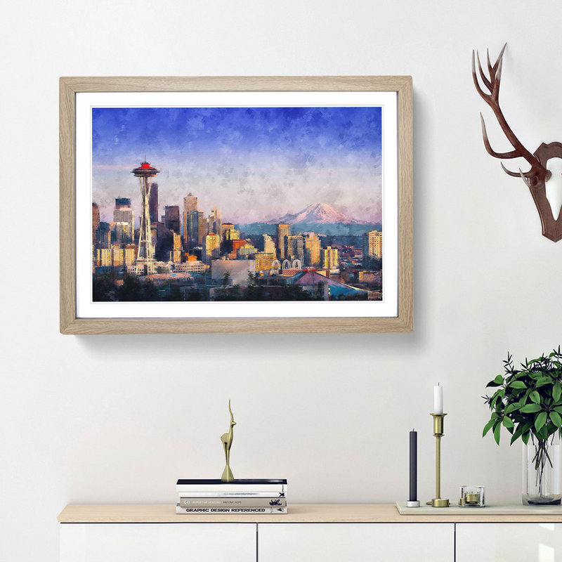 Seattle Skyline - Picture Frame Painting Print, Oak Framed, 24cm H x 33cm W x 2cm D