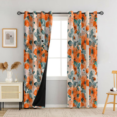 Boho Blackout Curtains Orange Flower Pattern Curtains