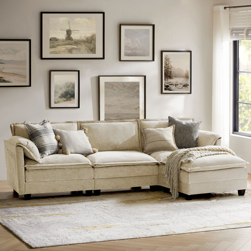 Esteban 274cm W Modern 4 Seater Corner Sofa with Elephant Ear-Shaped Armrests , Beige