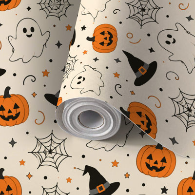 Rouleau de papier peint autocollant pour la famille et les locataires, Halloween, citrouille, fantôme, sorcière, chapeau