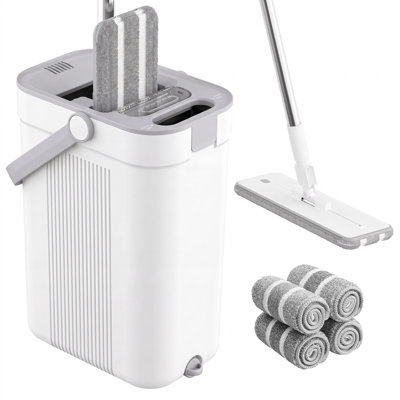 Flat Mop and Bucket Set with Water Separation, 4 Microfiber Pads