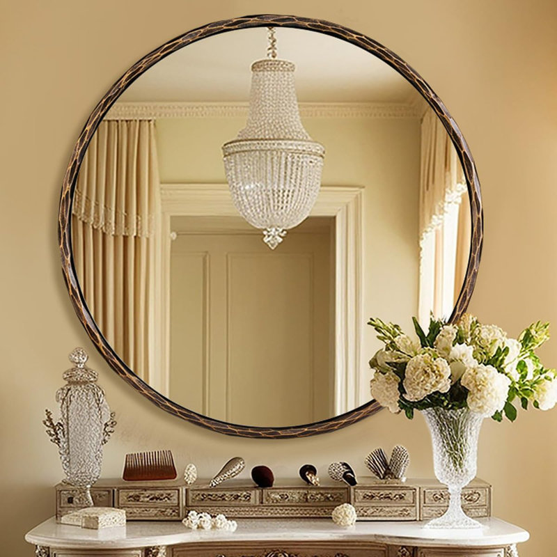Vintage Round Bathroom Vanity Mirror | Hand-Hammered Iron Frame, Forged Bronze, 30" x 30"
