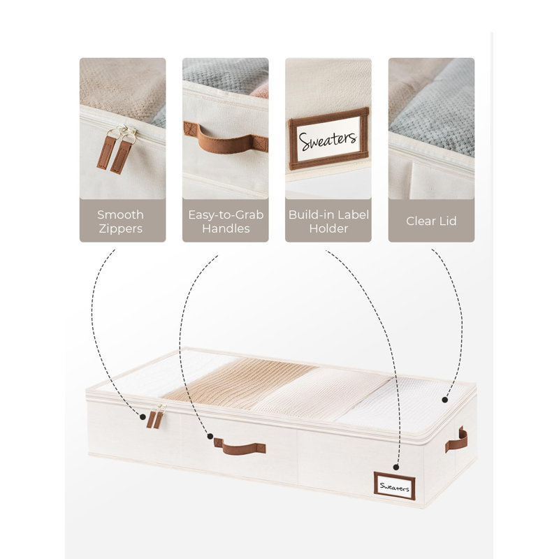 Ivory Fabric Collapsible Under Bed Storage Boxes with Handles