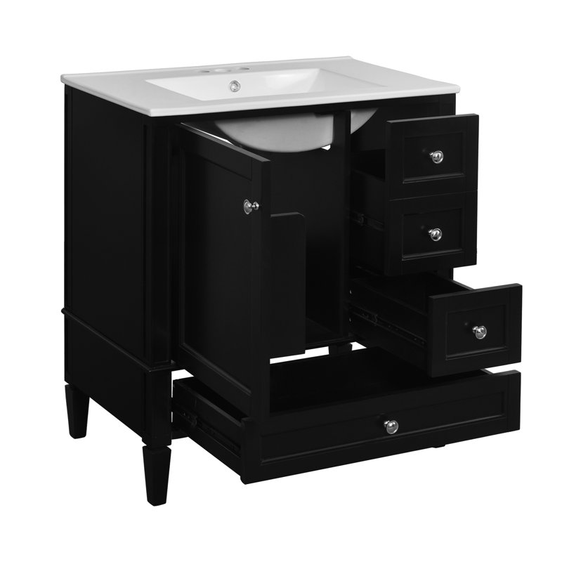 Meuble-lavabo moderne 30 po avec lavabo en céramique - armoire noire 3 tiroirs et article élégant