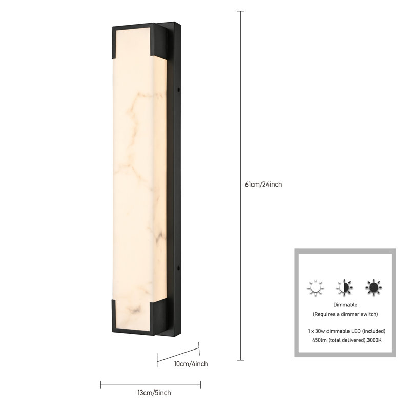 24" Standish Outdoor Aluminum Sconce in Charcoal Black Finish with Faux Alabaster Resin Shade