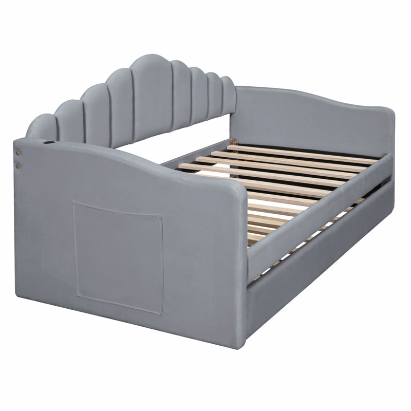 Upholstered Daybed With Trundle ,Velvet Sofabed With USB Charging Ports,No Box-Spring Needed, Gray