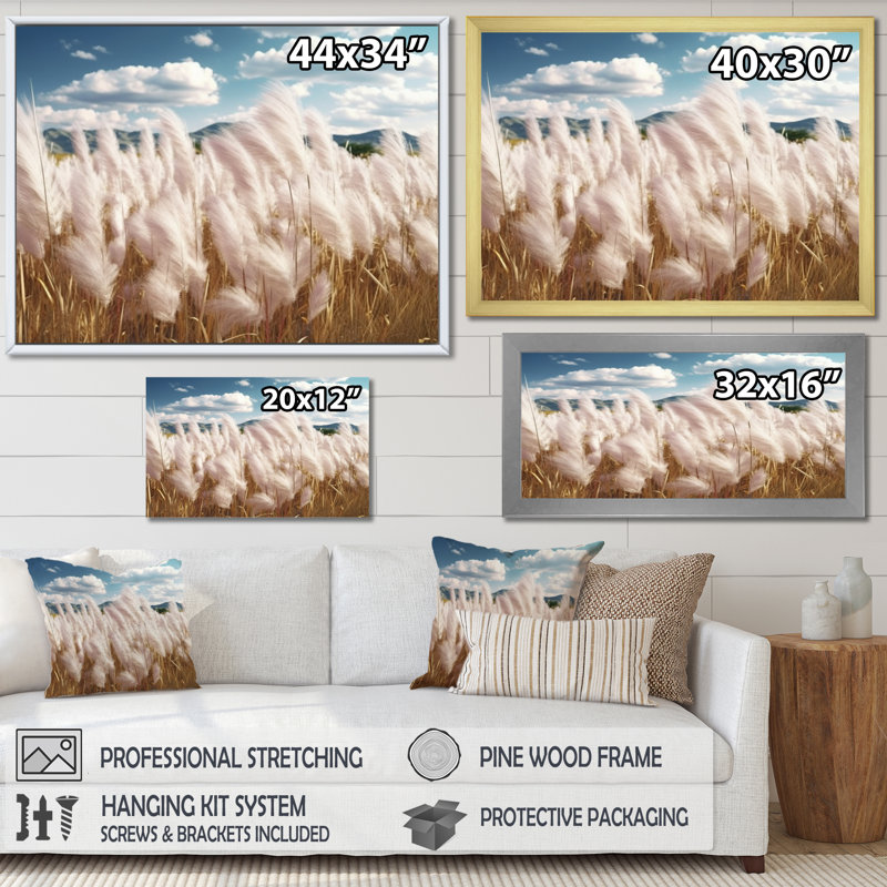 «White Pampas Meadows II» sur toile, Cadre photo doré simple, H 24 po x l 32 po x P 1 po